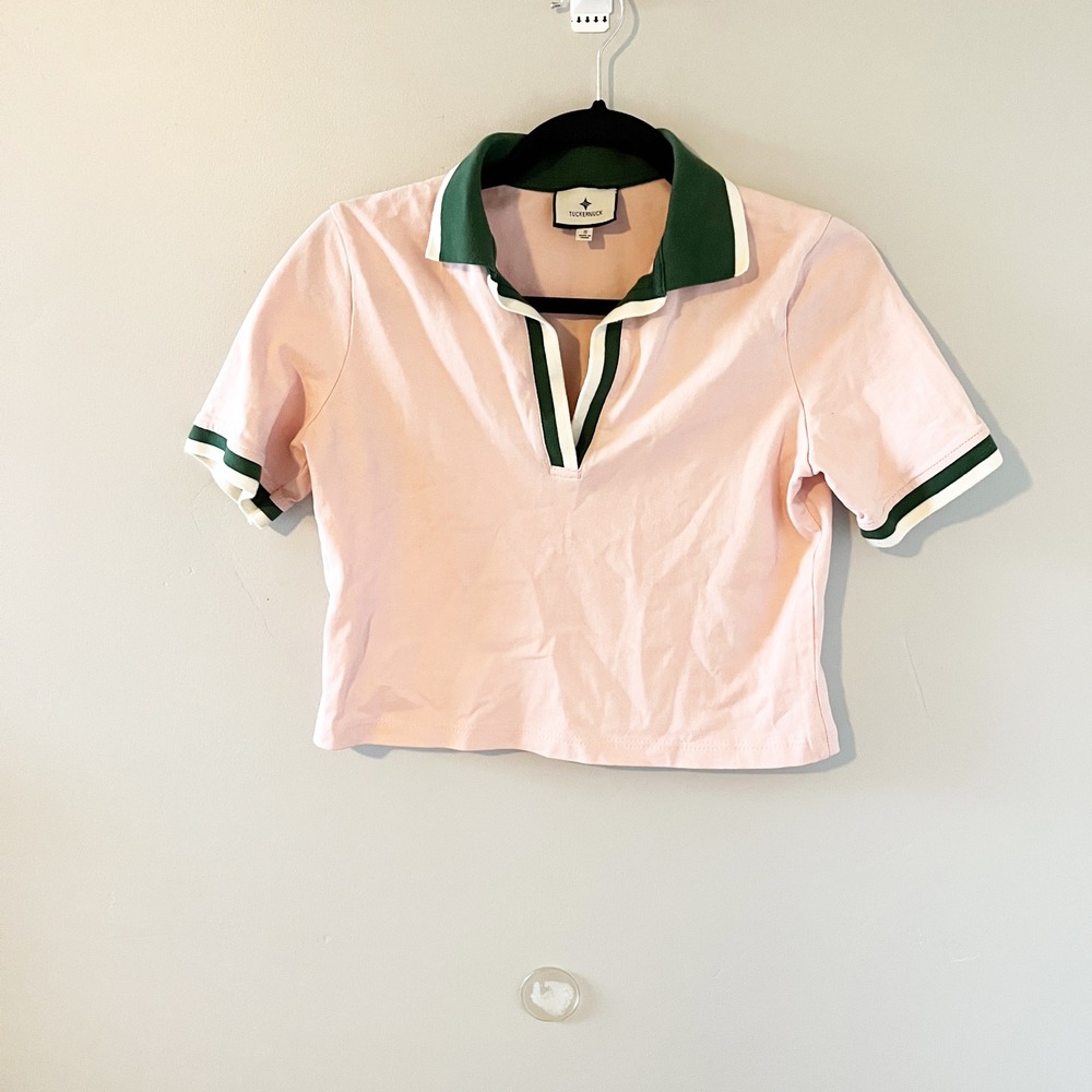 Tuckernuck green‎ and pink "rugby" polo cropped size small